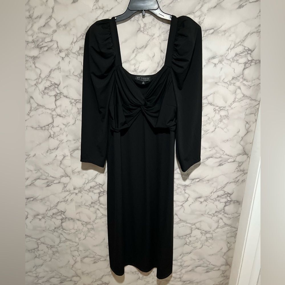Eloquii Black Midi Dress Womens Long Puff Sleeves
